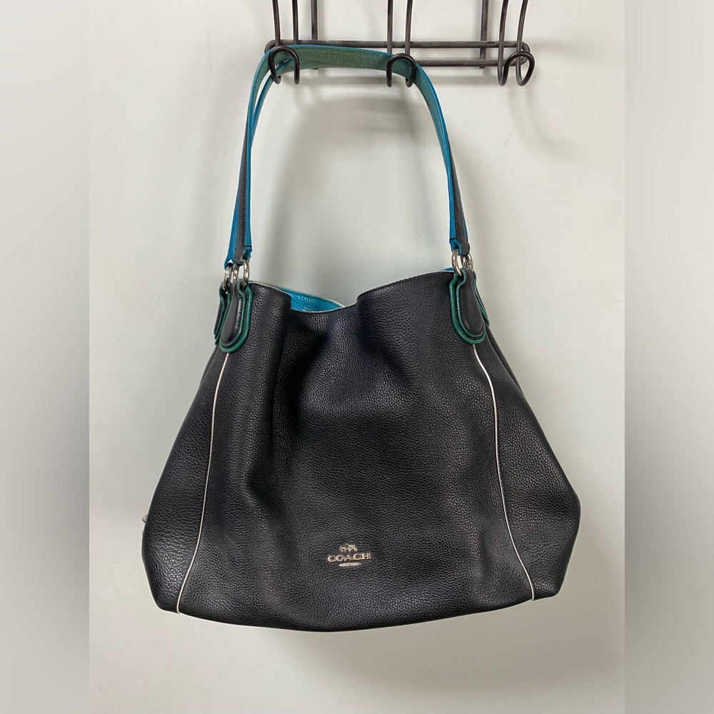 Coach Black Leather Shoulder Bag with Teal and Green Trim